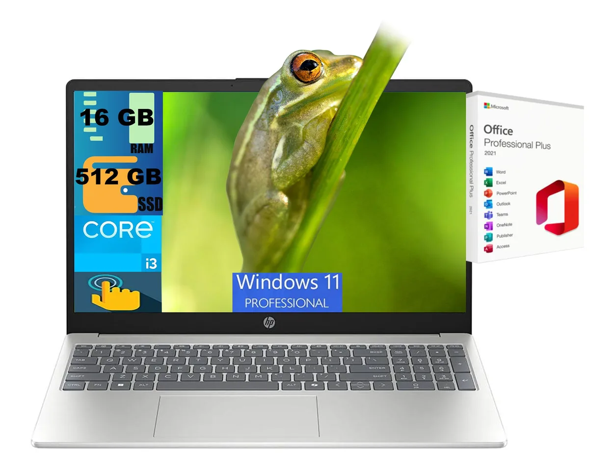 HP HP 15 laptop, Intel Core i3-1315U 6-core, 16GB DDR4, 512GB PCIe SSD, 15.6" HD touchscreen, Silver — product photo
