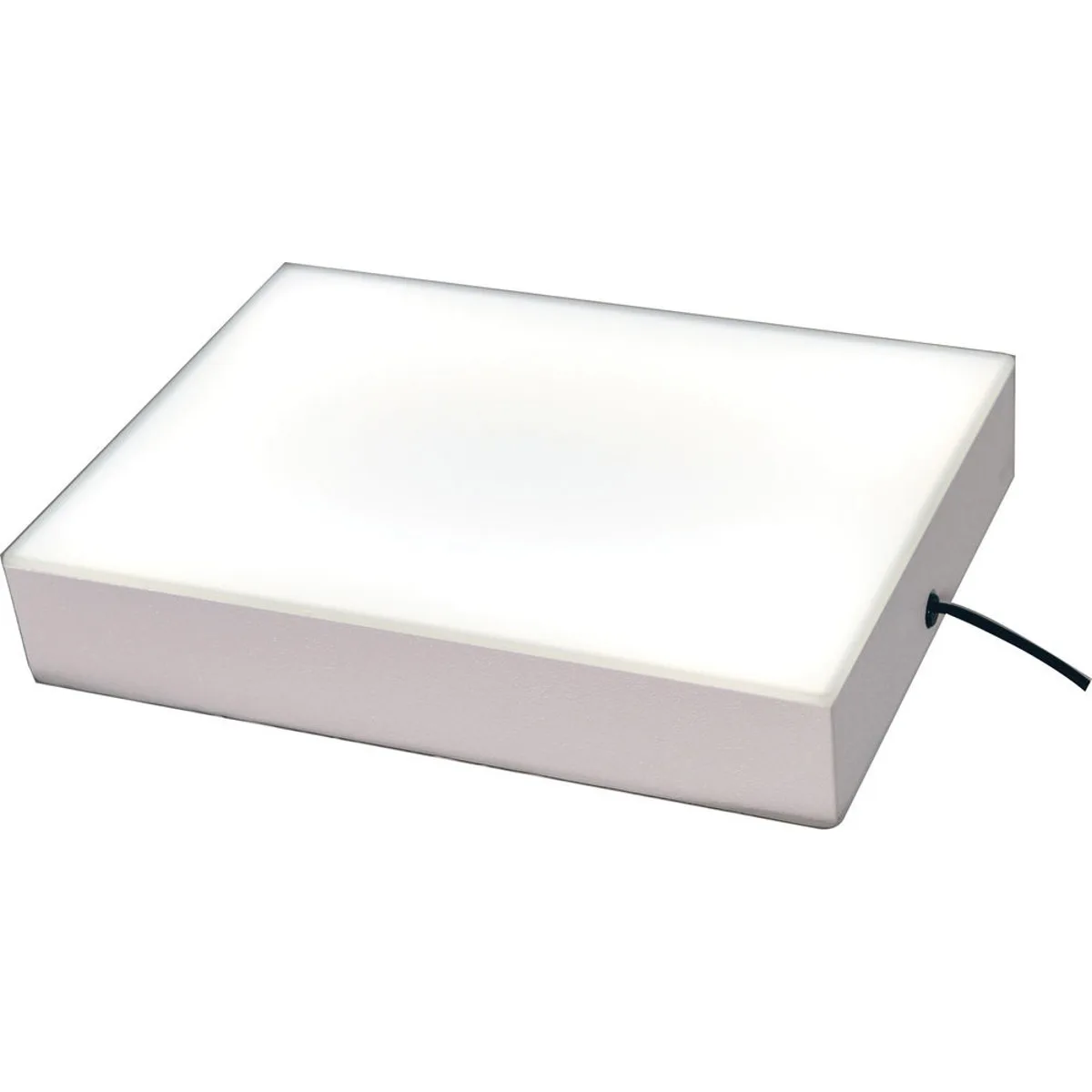 White rectangular LED light box with smooth ABS plastic frame and clear plexiglass surface
