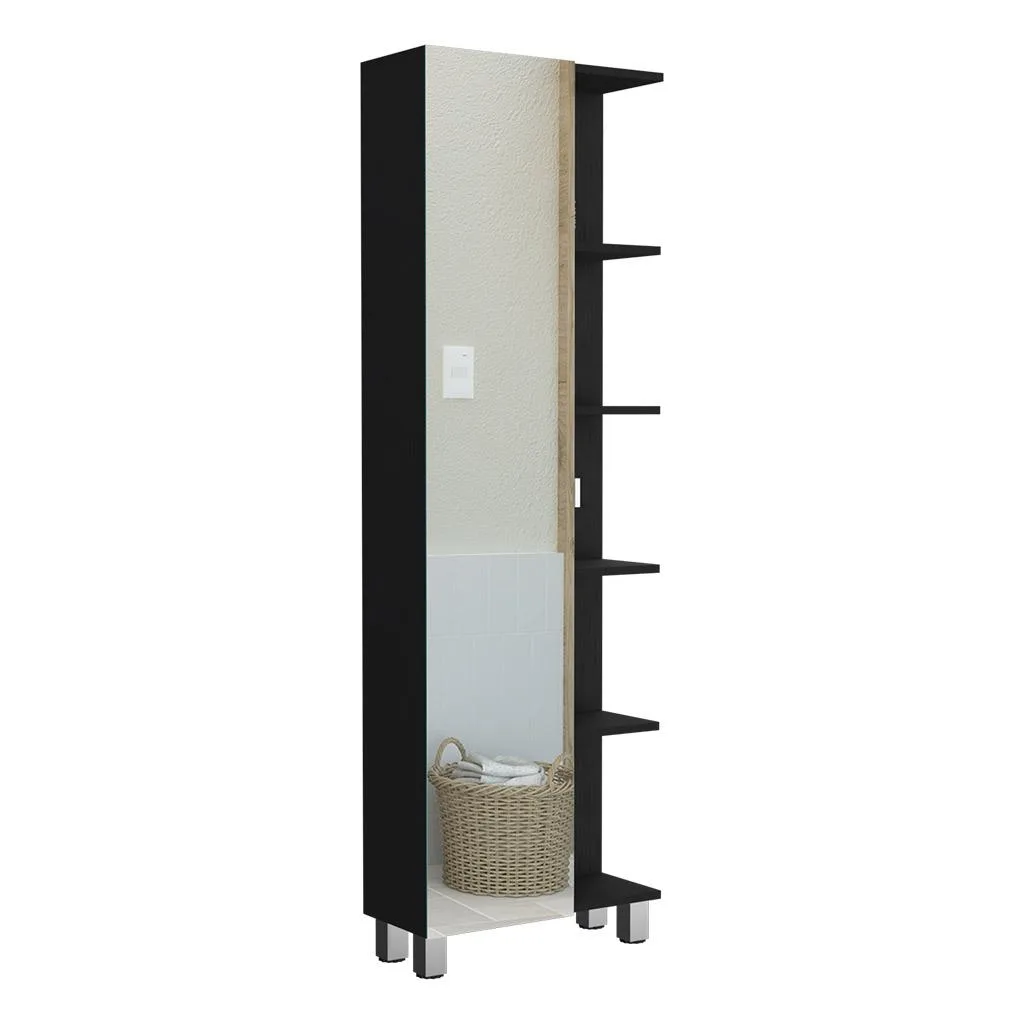 Tall black linen cabinet with full-length mirrored door and open side shelves
