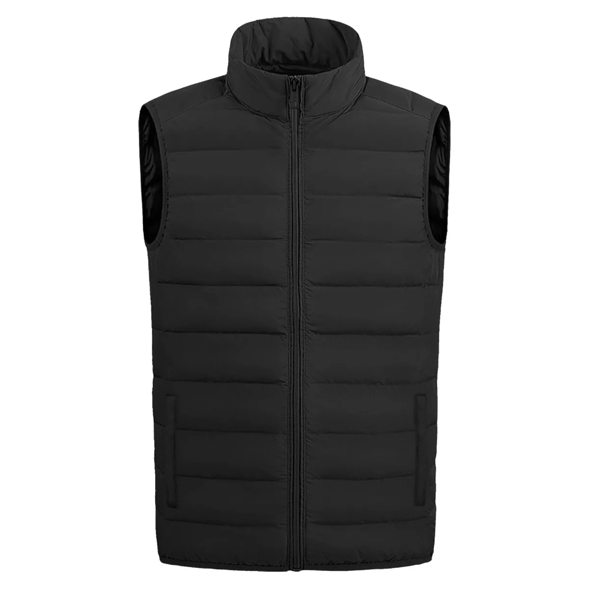 Black quilted puffer vest with front zipper and side pockets