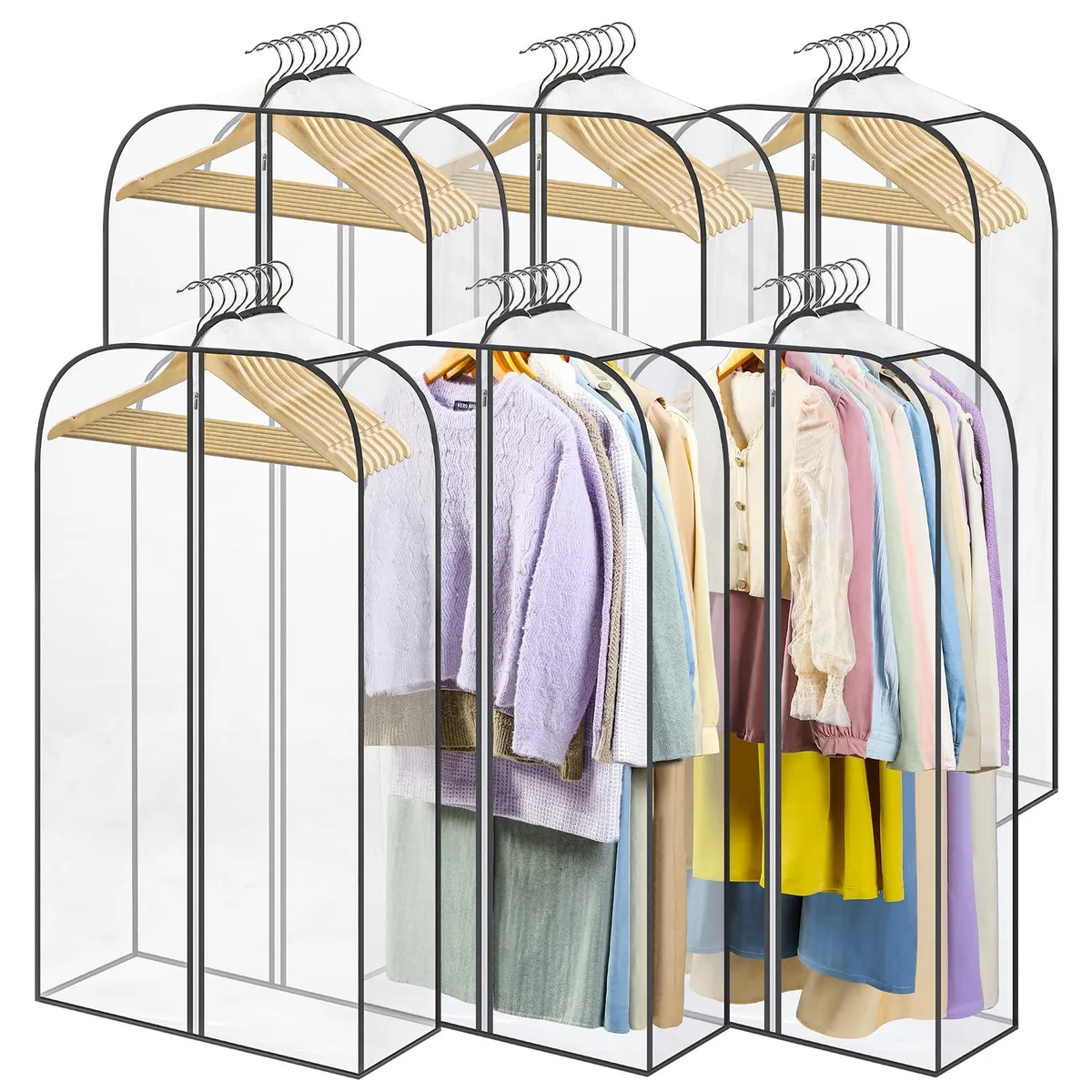 Six clear garment bags, 40 inches long, double zippered, beige EVA material