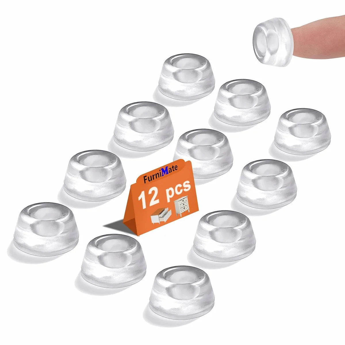 Twelve white adhesive rubber bumpers on a sheet, each 0.9 by 0.4 inches