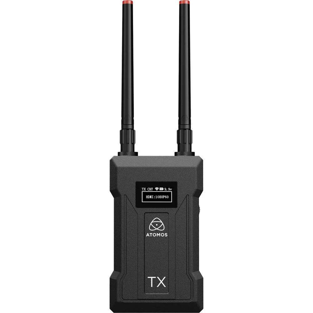 Compact wireless video transmitter box with HDMI and SDI ports, matte black finish, antennae visible