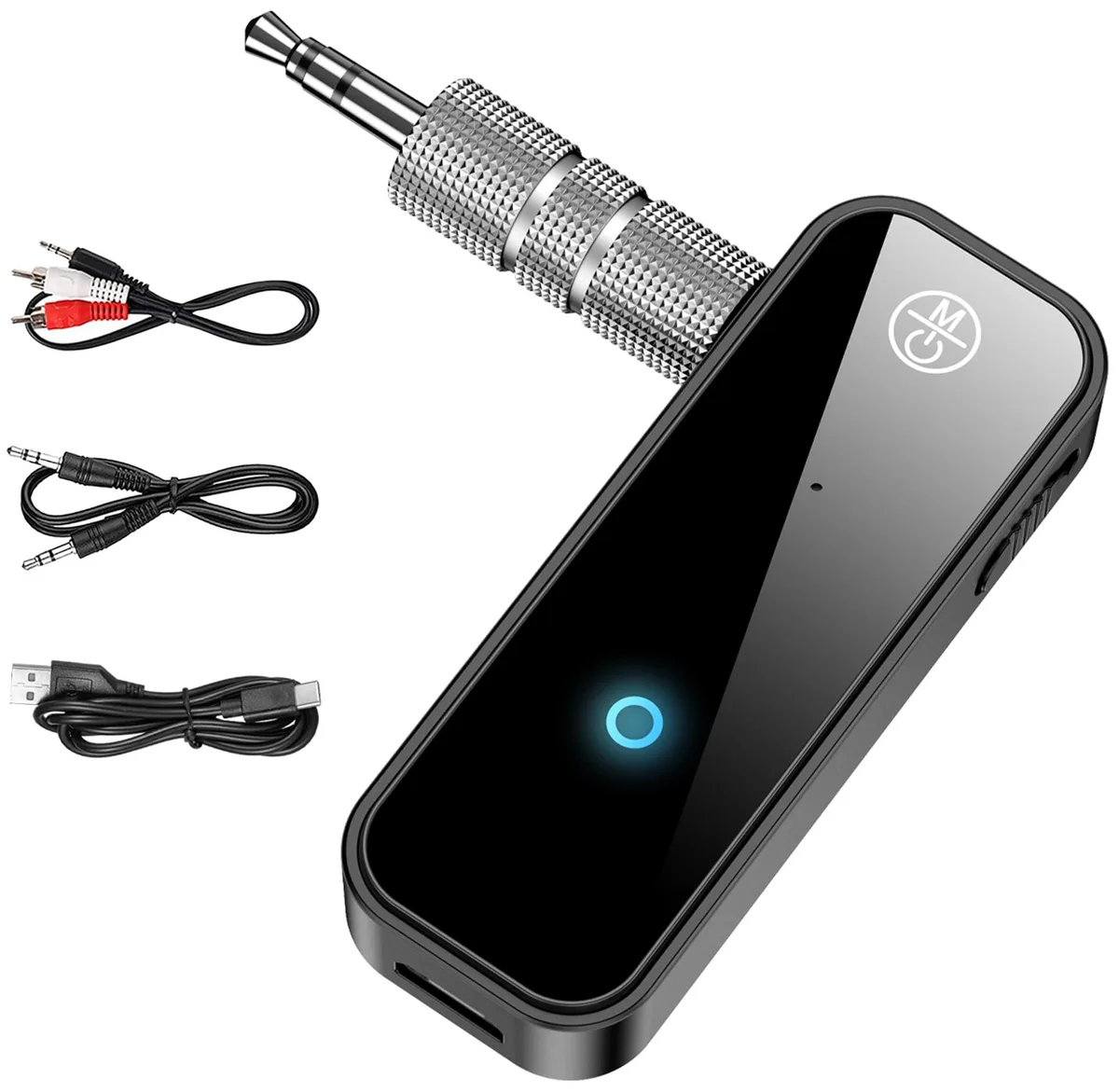 Small black Bluetooth 5.4 dongle with 3.5 mm jack and on/off switch