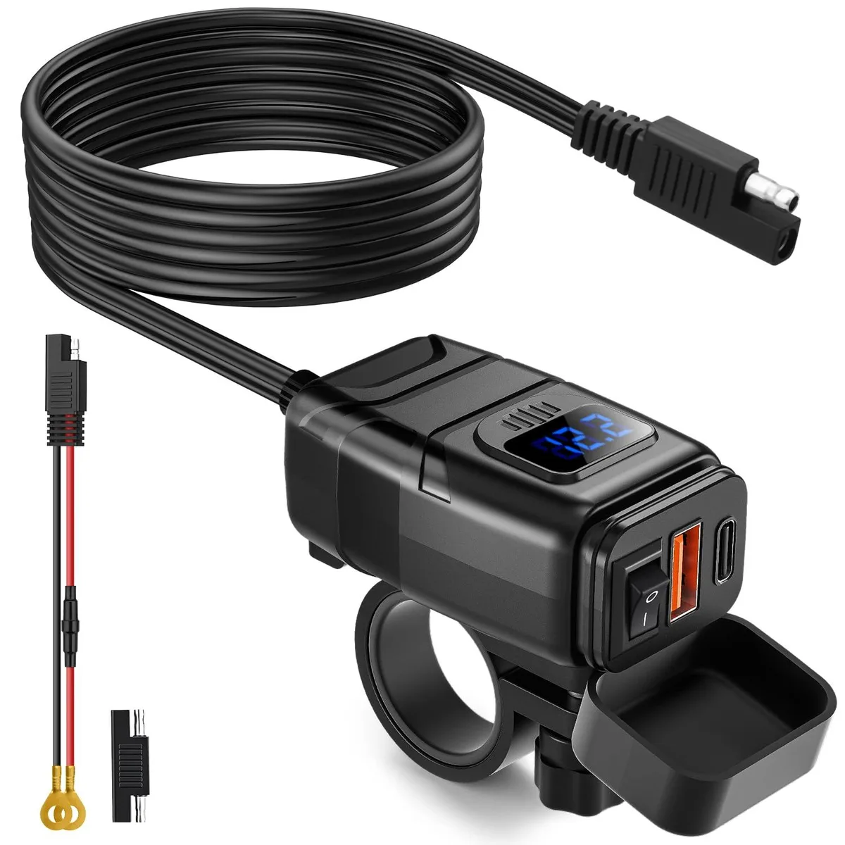 Blue motorcycle USB charger with dual ports, voltmeter display and handlebar mount