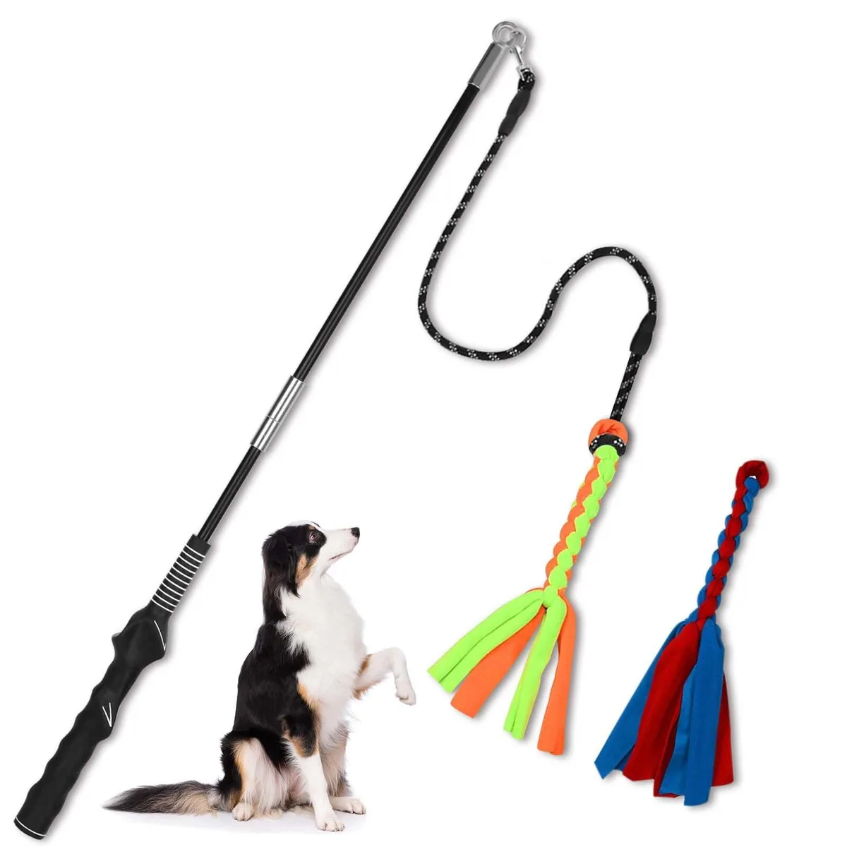  SYOOY Flirt Pole for Dogs 12 in with 2 Fleece Rope Lures — product photo