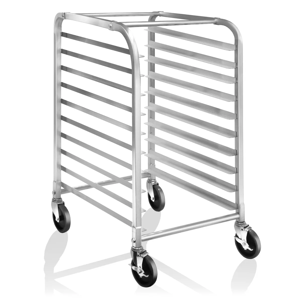 Silver steel bun pan rack on four swivel casters, holds ten full-size sheet pans