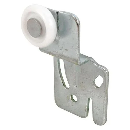 Silver steel closet door roller with nylon wheel and offset bracket
