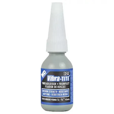 Small blue bottle of Vibra-TITE 12110 medium-strength threadlocker adhesive