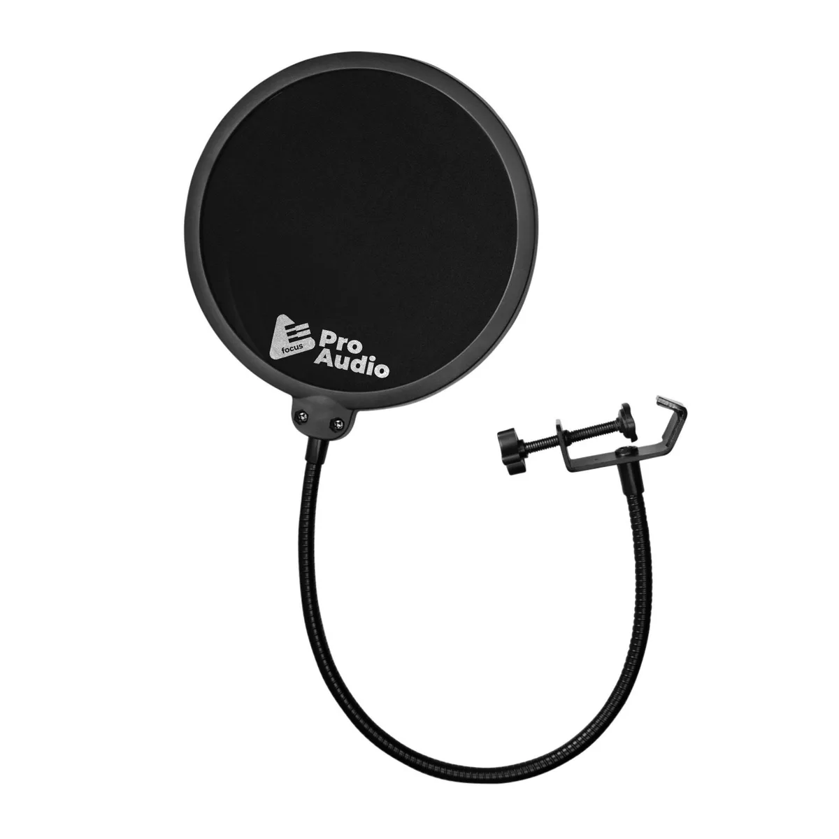 Black circular mesh screen on flexible metal gooseneck with padded C-clamp mount