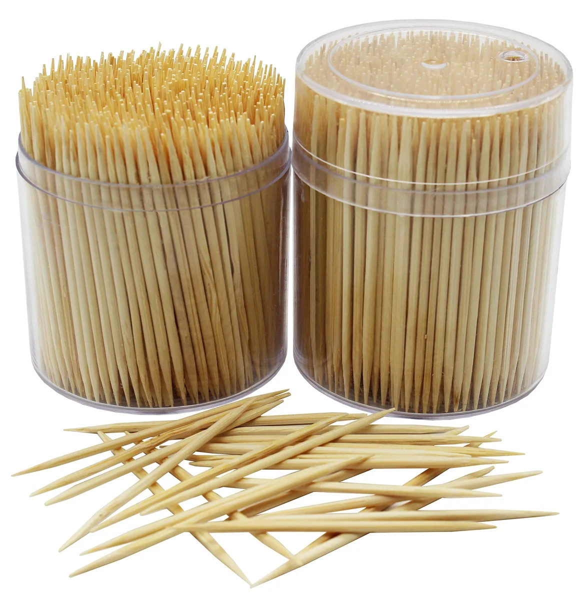 Clear plastic box holding 1000 round bamboo toothpicks