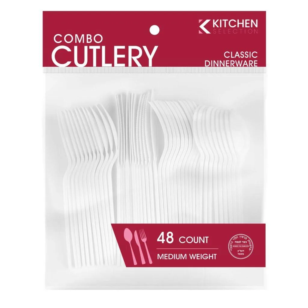 White disposable cutlery set, 48 pieces in clear box