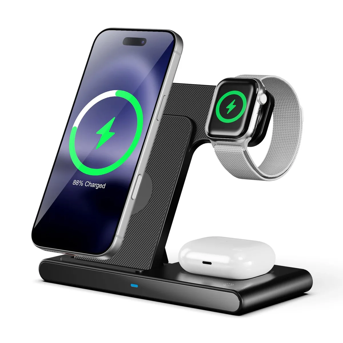 White foldable 3-in-1 wireless charging stand for iPhone, Watch and AirPods
