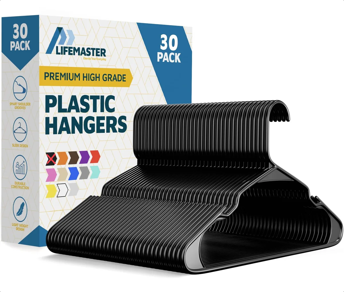 Thirty slim black plastic hangers with glossy finish and shoulder grooves