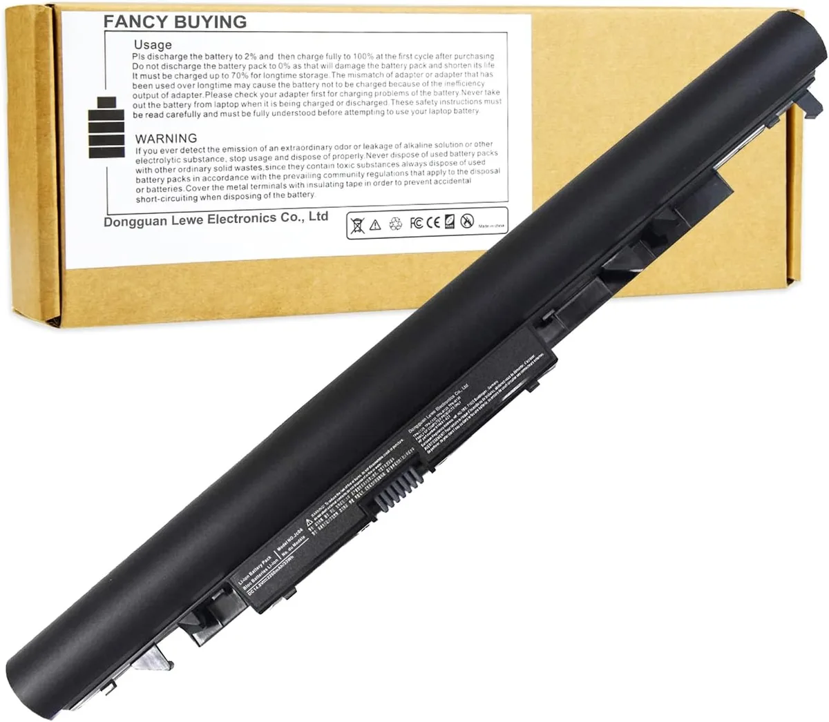 Rectangular black laptop battery with four cells and label