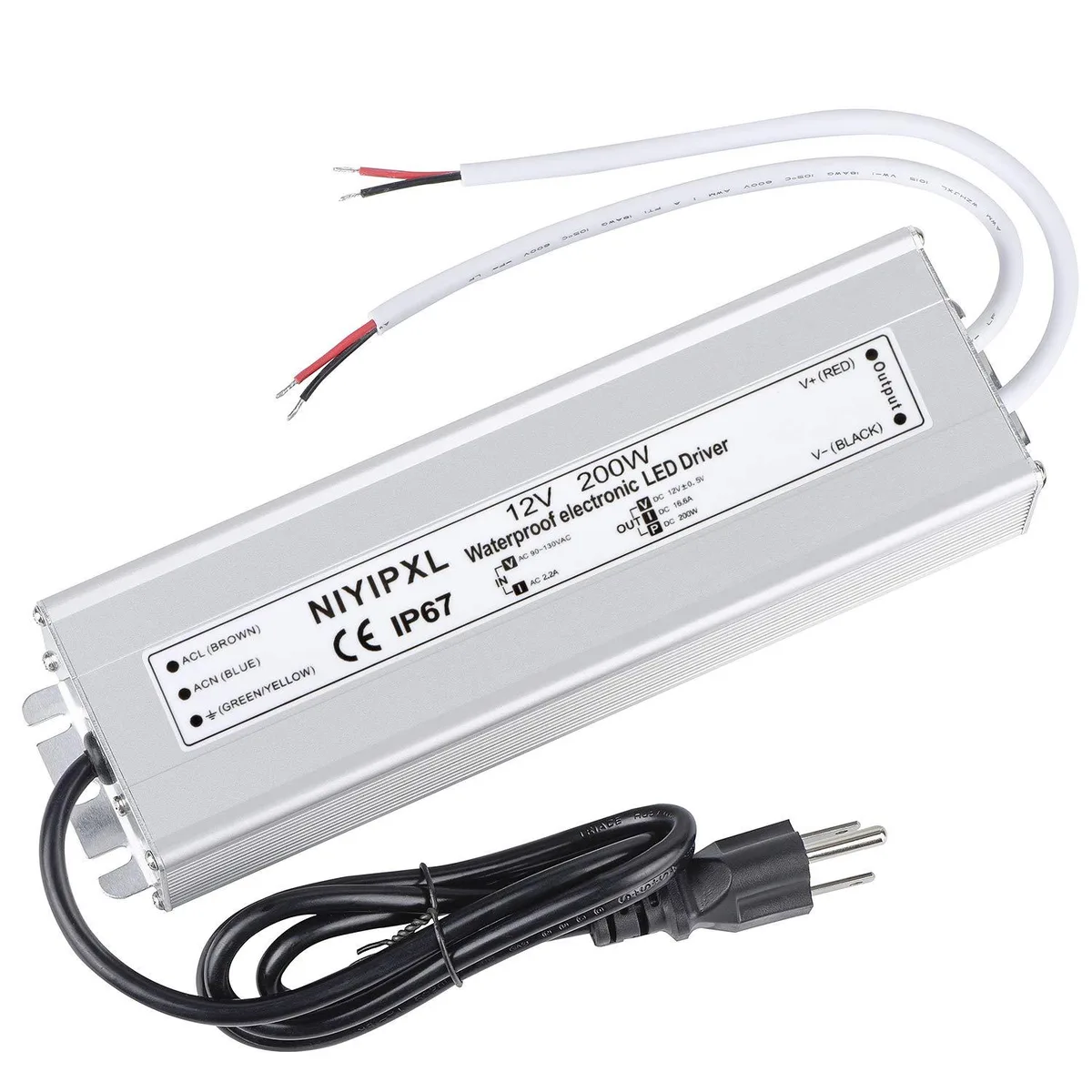 KEHIPI KEHIPI 200W 12V 16.6A IP67 LED Driver Power Adapter 90-130V AC 3.3ft Cable — product photo