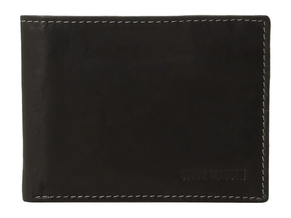 Black genuine leather bifold wallet with attached flip pockets, 4.5 by 3.5 inches