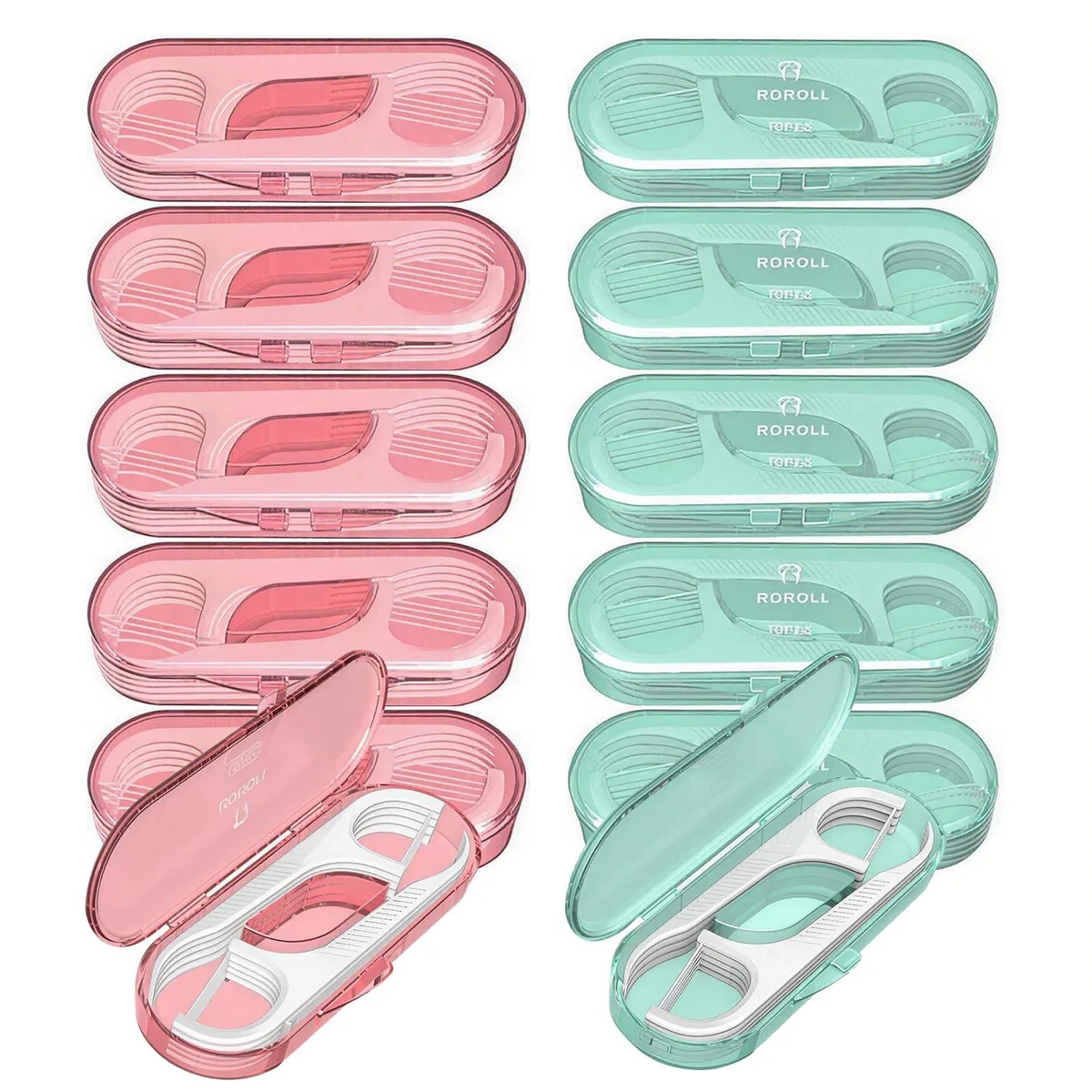 Pink portable floss pick dispenser case, compact rectangular shape with smooth finish