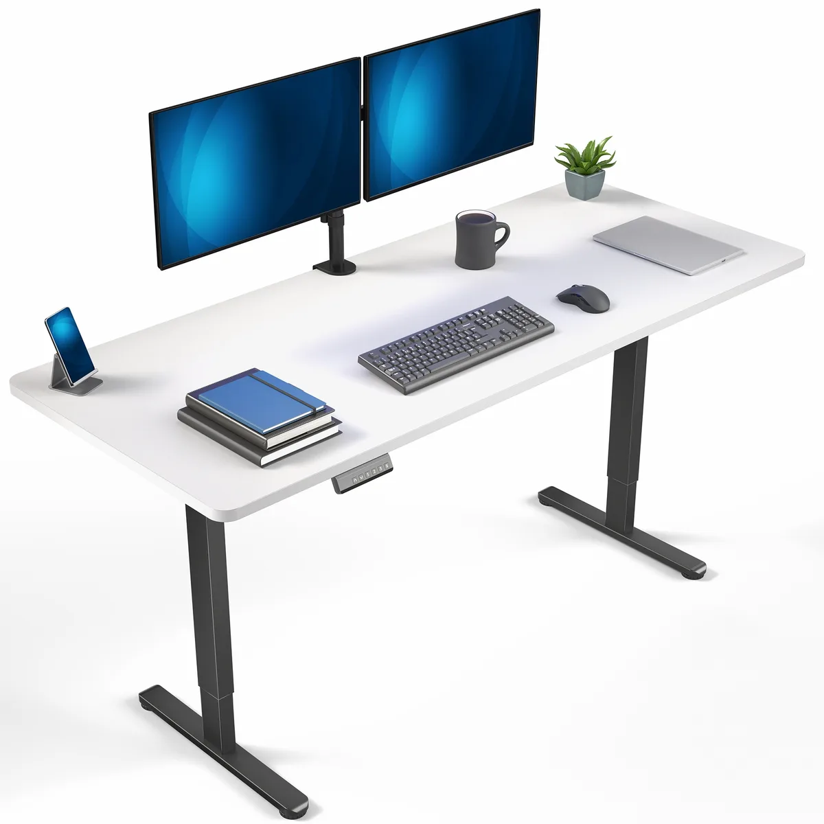 White rectangular desktop on black steel telescopic legs with push-button controller