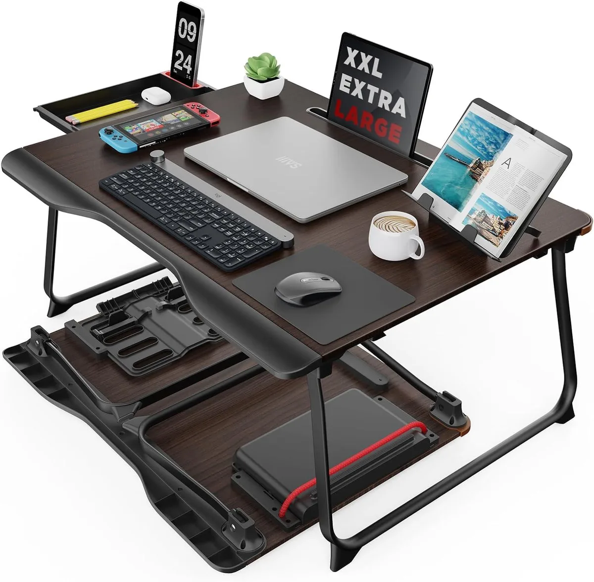 Black Cherry foldable bed tray table with storage drawer, book stand, tablet and phone slots, U-shaped wrist rest, 25.6 by 19.29 inches