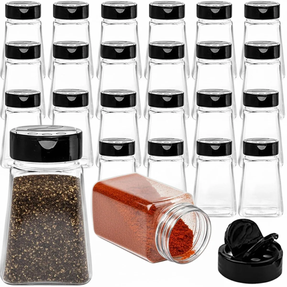 Twenty-four clear plastic spice jars with black flip caps and red accents