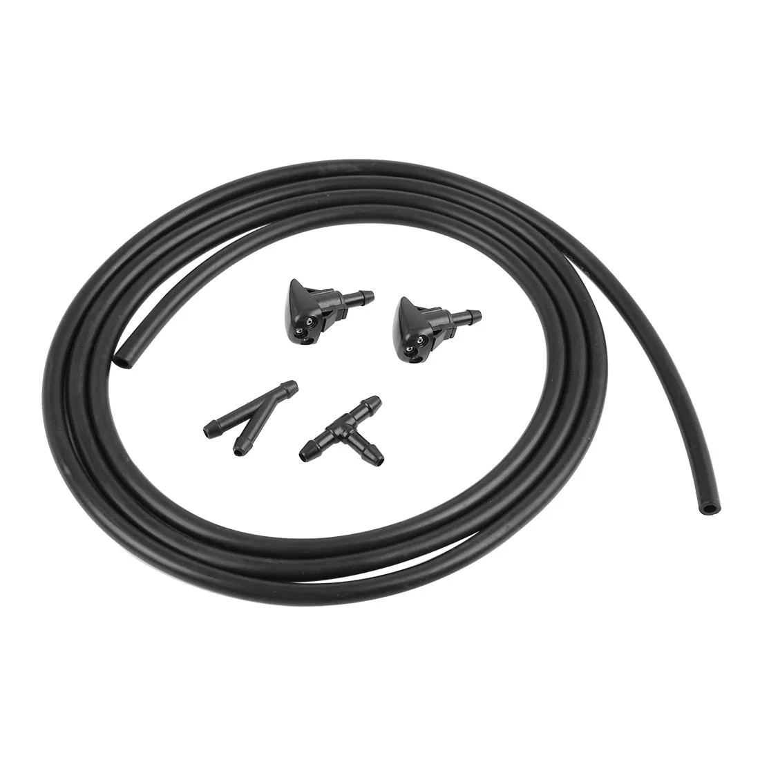 Two black plastic windshield washer nozzles with hose and connectors