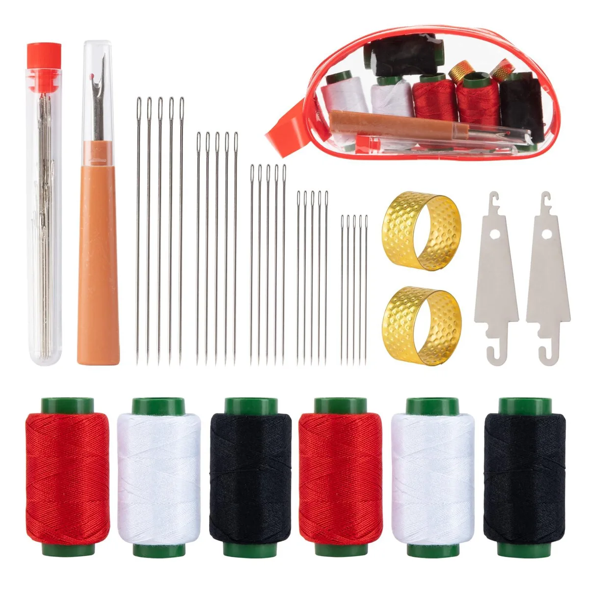 Red case holding 37-piece steel needle kit with thread spools, threaders, seam ripper and thimbles
