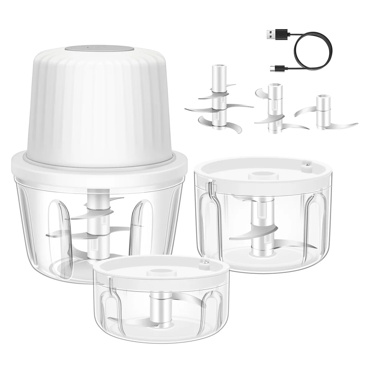 White mini food chopper with three clear cups and USB cable