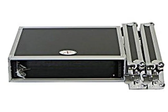 Black 2U rack case with spring handles and butterfly latches, 21 by 22 inches