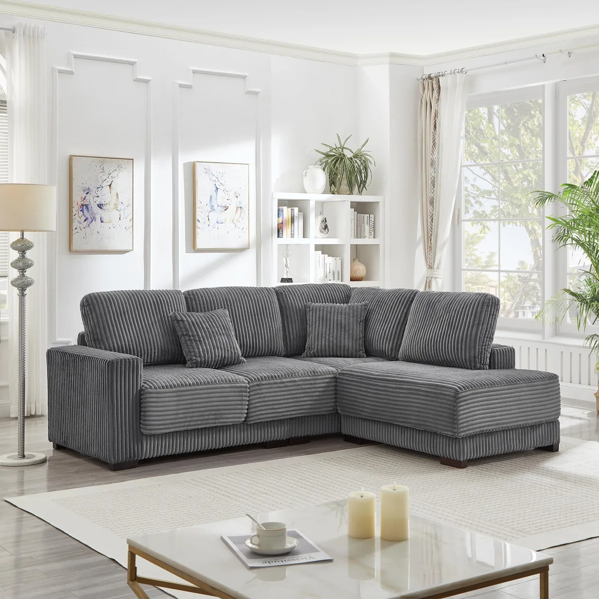 Grey corduroy L-shaped sectional sofa with reversible chaise, 93 inches wide