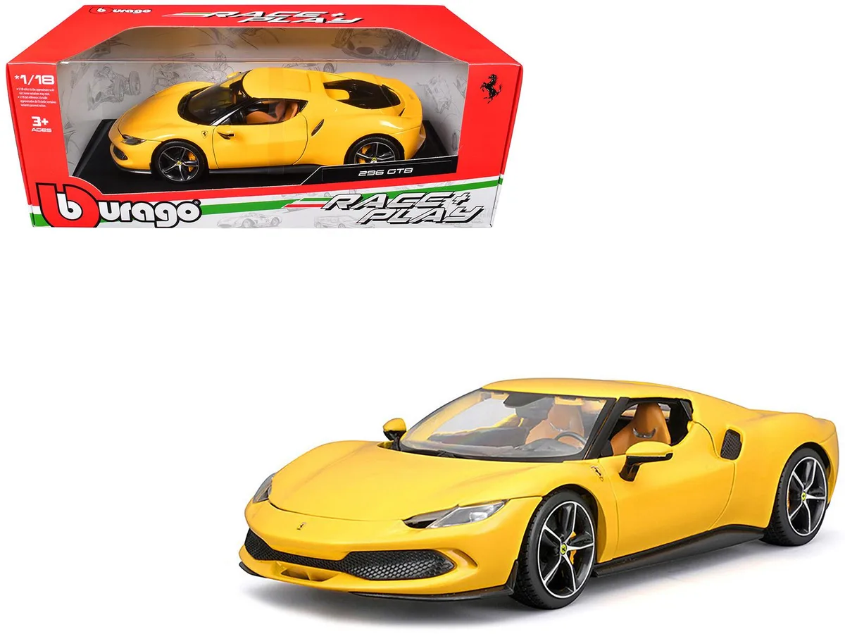 BBURAGO BBURAGO Ferrari 296 GTB Yellow Race + Play 1/18 Diecast Hobby Collectible — product photo