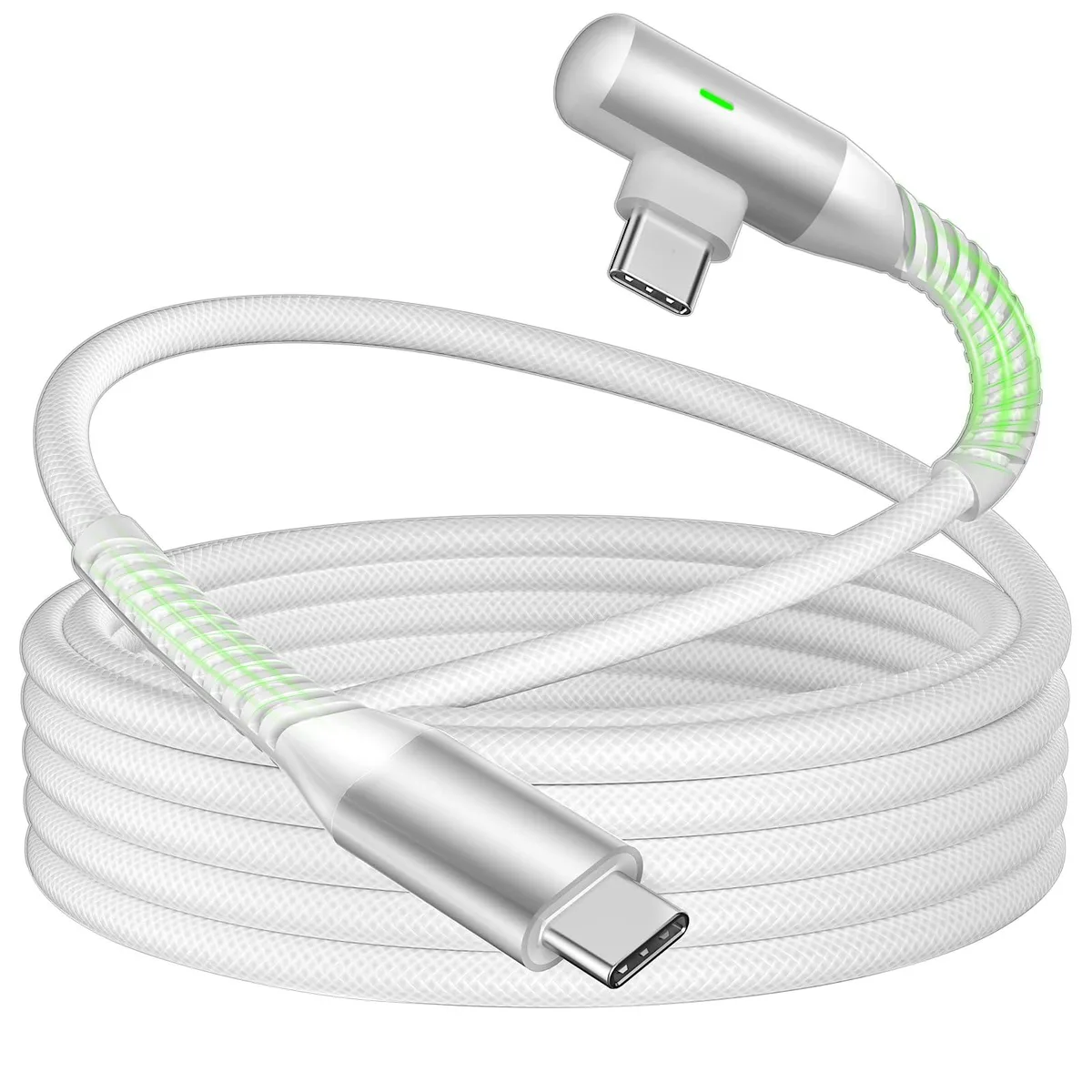 White braided USB-C to USB-C cable with right-angle connectors, 10 ft long