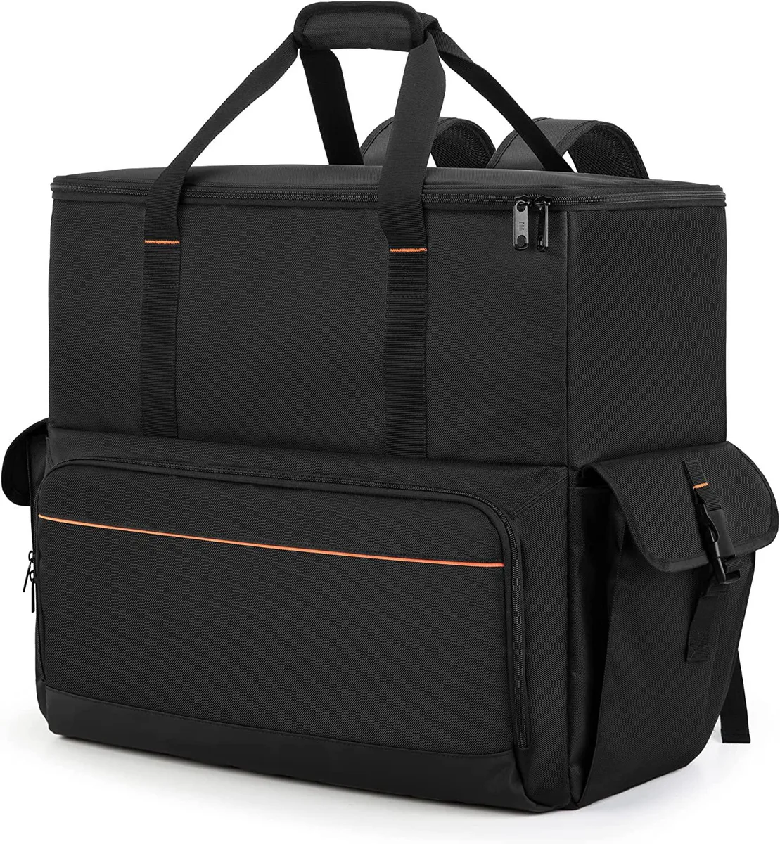 Black rectangular desktop-tower backpack with padded straps, top handle and multiple exterior pockets