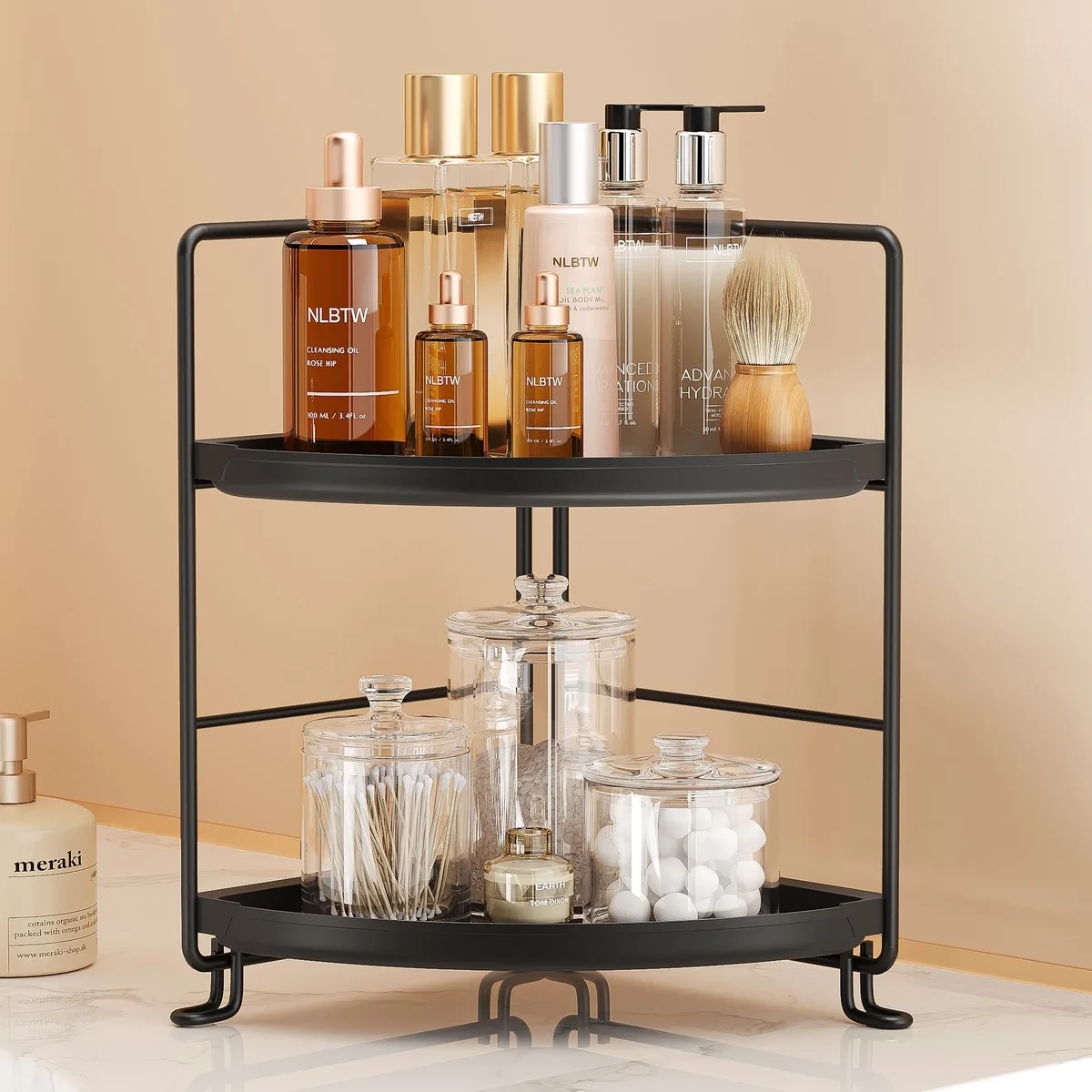 Black painted two-tier corner shelf on countertop, stainless steel frame with plastic trays
