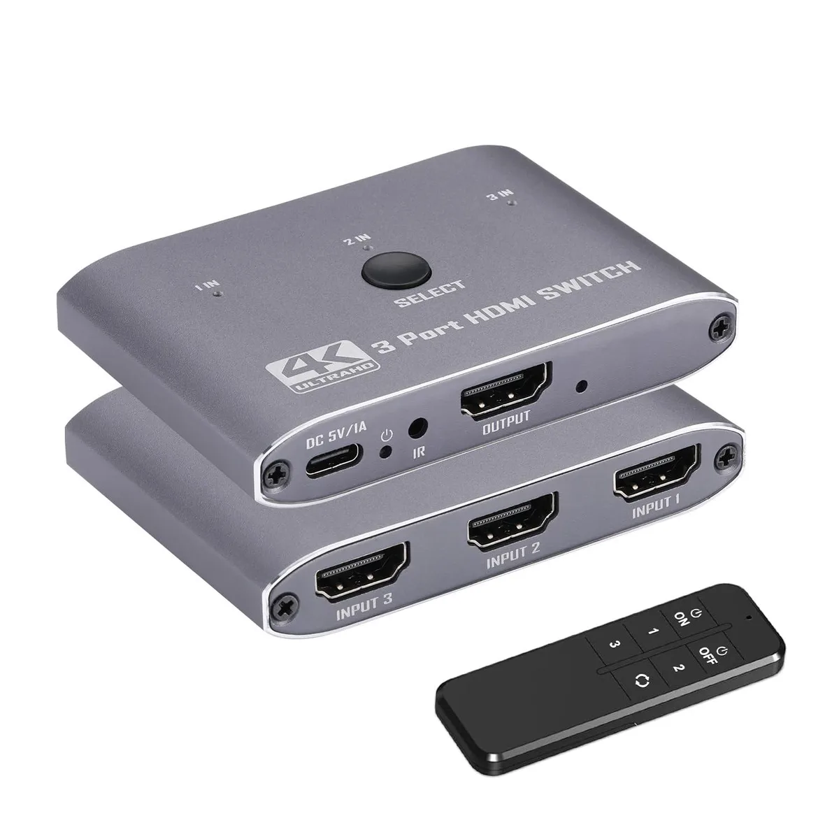 Small black box with three HDMI inputs, one output, a button, LED indicator, and a remote control