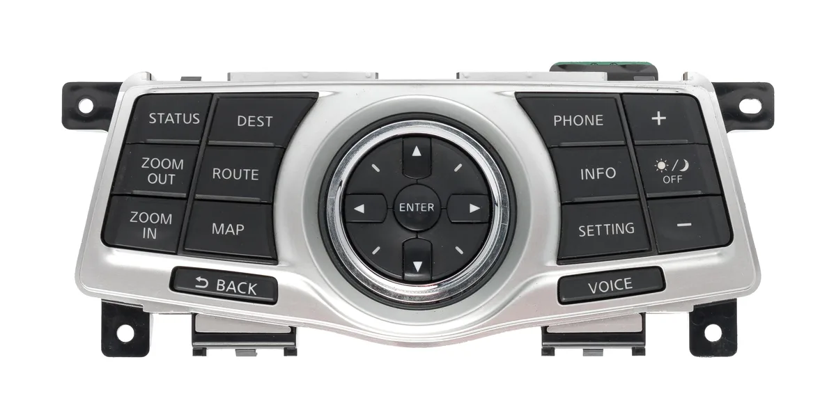 Rectangular black dashboard control panel with integrated display screen and buttons