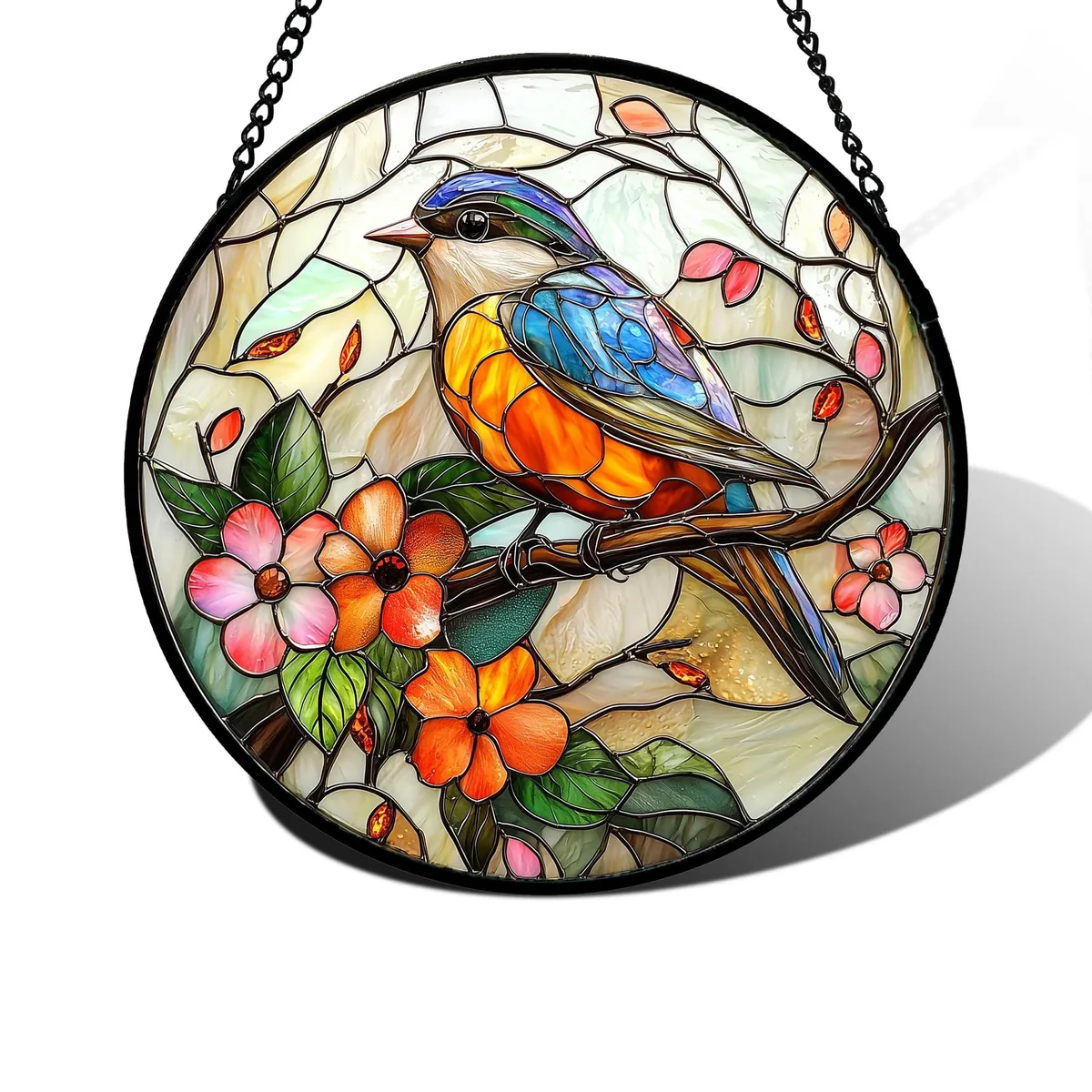 Stained glass suncatcher with blue bird and pink flower design, 6.3 inch diameter