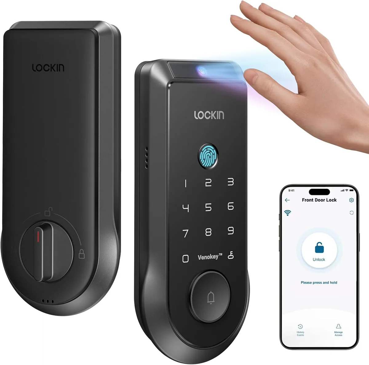 Lockin Lockin Veno Smart Door Lock Palm Vein Fingerprint 6 Ways WiFi Bluetooth Thread Black 7.4V 5000mAh — product photo