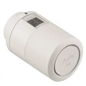 White Danfoss Ally radiator thermostat with circular display and rotary dial