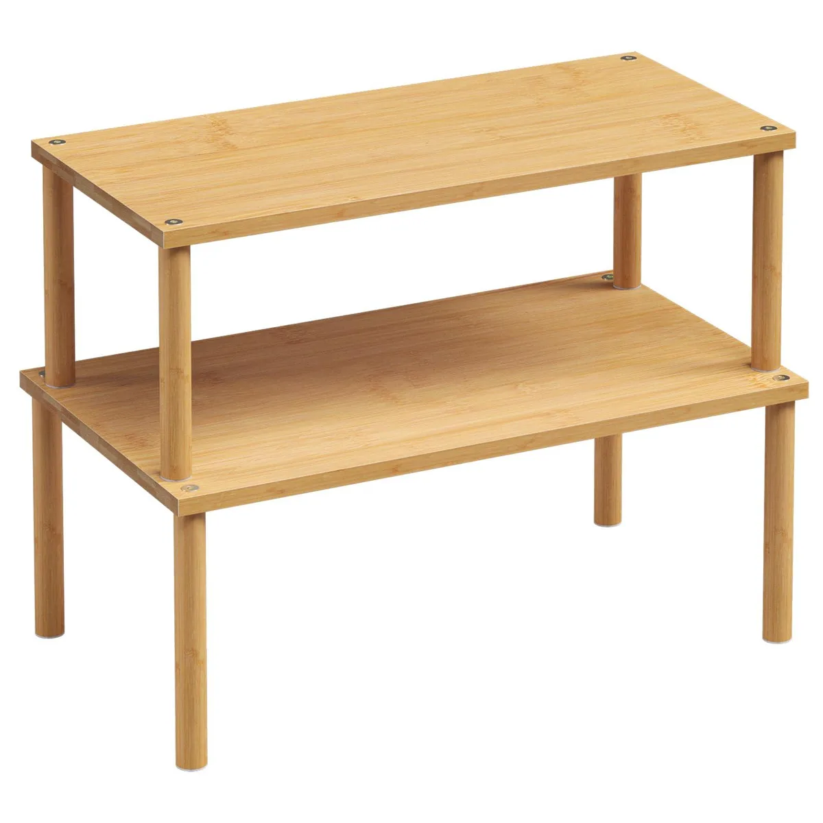 Two stackable bamboo shelves with dark finish, rounded bars, rectangular form