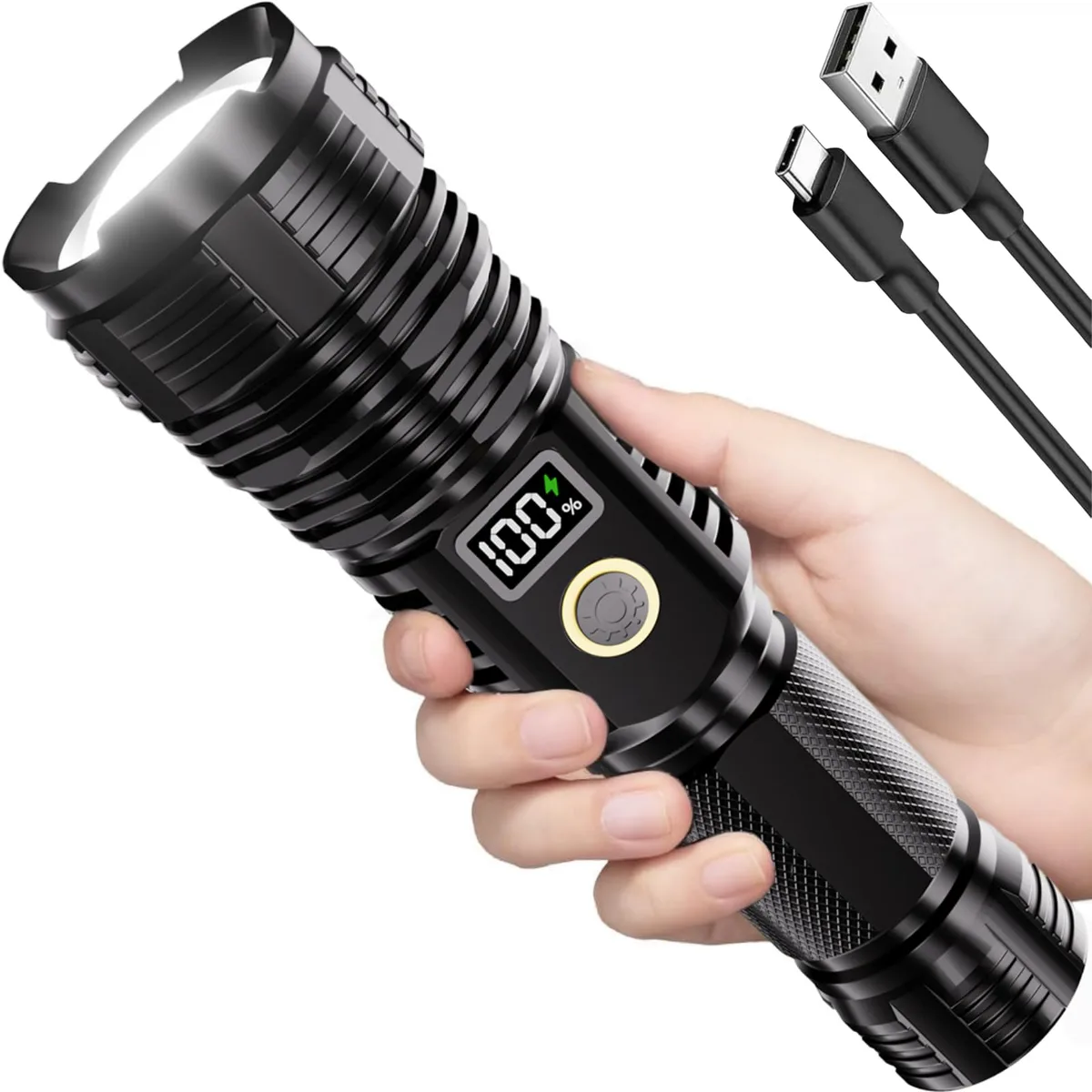 Black cylindrical flashlight with textured grip, LCD screen and Type-C port