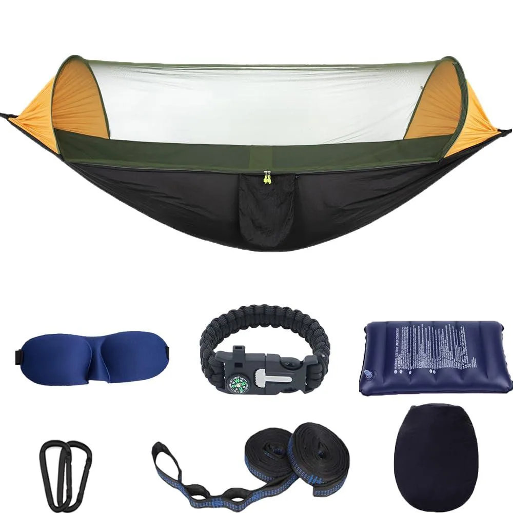 Orange and black nylon hammock with integrated mosquito net, 114 by 55 inches, 660 lbs capacity