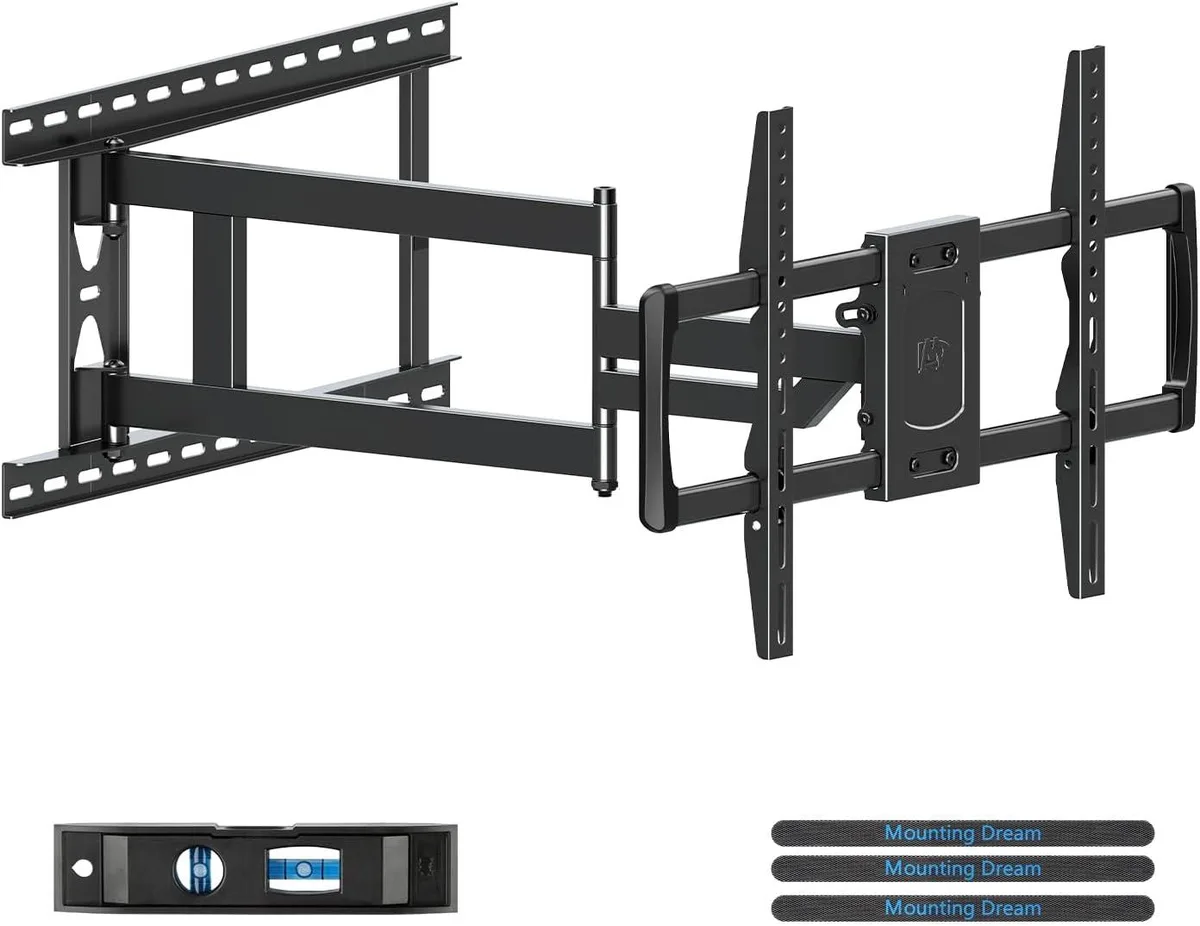 Black metal articulated TV wall mount with long extension arm folded against rectangular wall plate