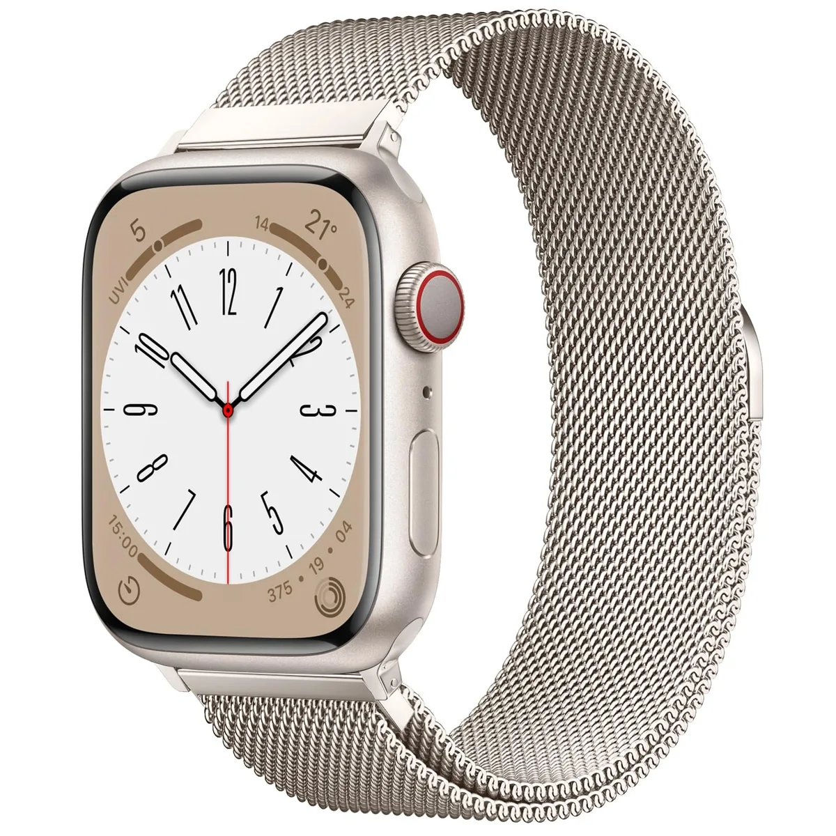 Stainless steel Milanese loop band in Starlight finish, magnetic clasp, mesh weave visible