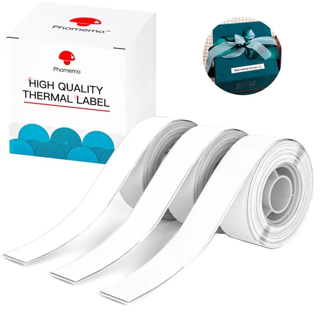 Three white thermal label rolls, each 0.59 inches wide by 19.69 feet long, adhesive finish