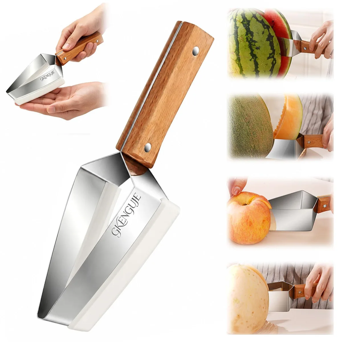 Triangle watermelon cutter with wooden handle, iron blade grid, 9.05 by 4.13 by 1.38 inches