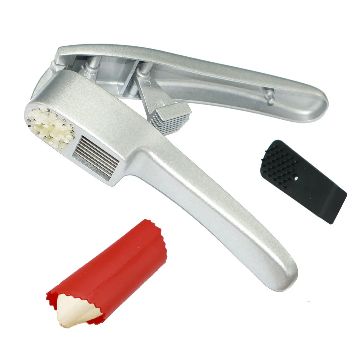 Stainless steel garlic press with slicing blade, ergonomic handle, silicone peeler tube and cleaning brush