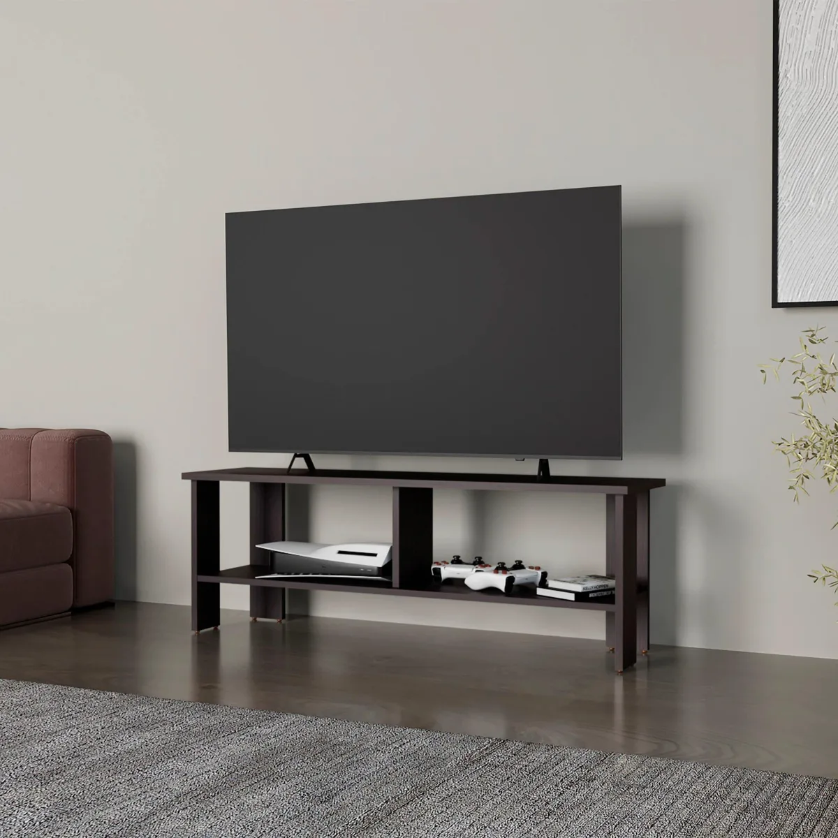 Rectangular Wenge particle-board TV stand with two open shelves