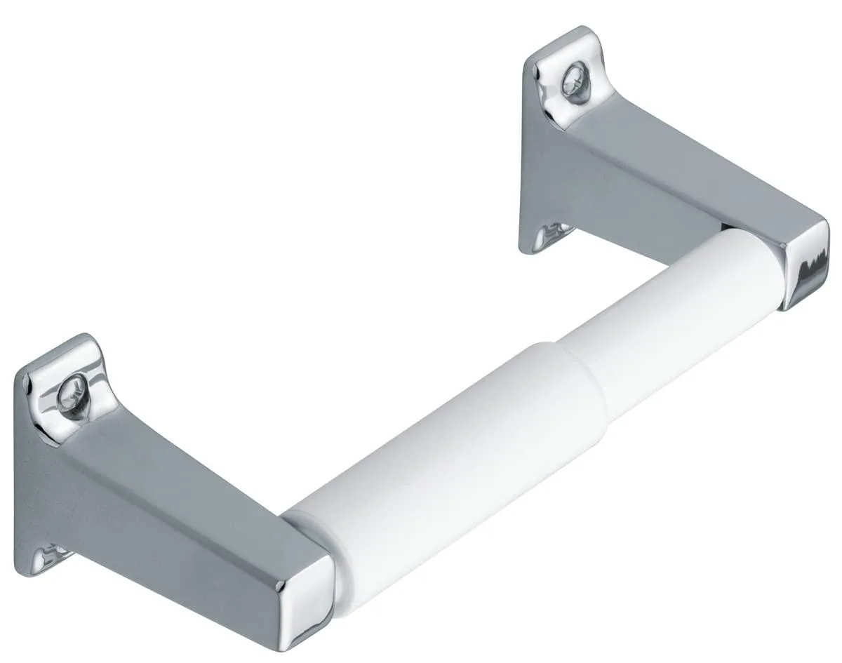 Chrome-finished metal toilet paper holder, exposed screw mount, white roller