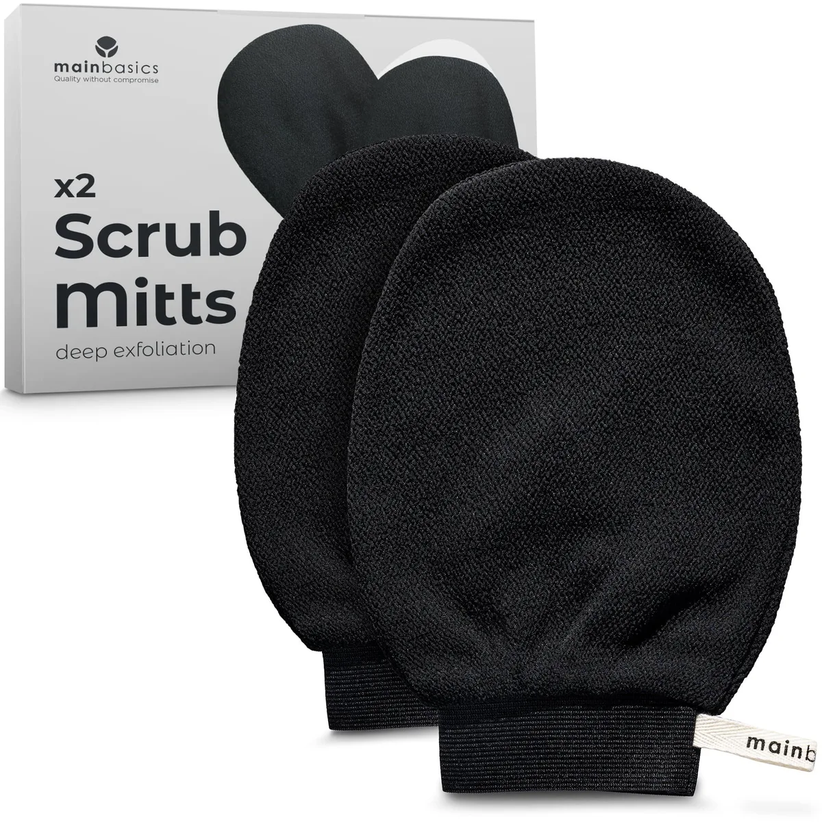 Two textured viscose exfoliating mittens with elastic wrists and hanging loops